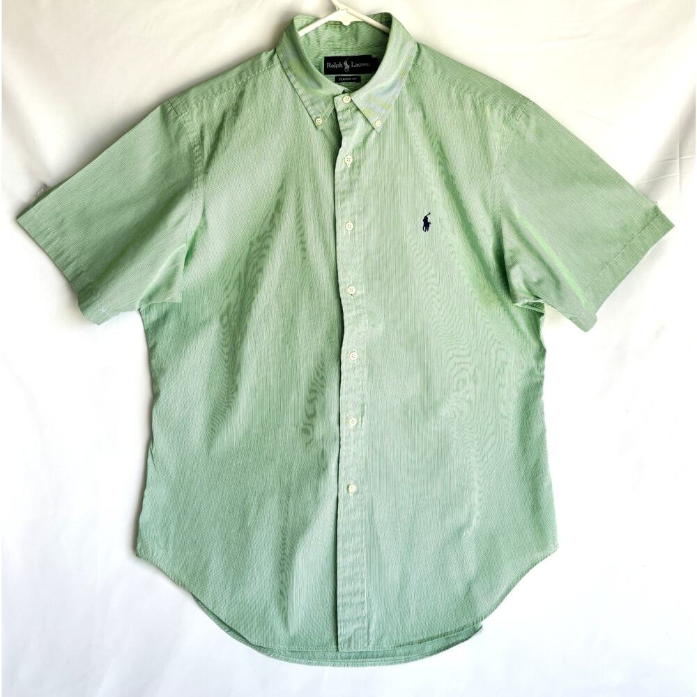 Ralph Lauren Classic Fit Men's Green Stripe Short Sleeve Botton Down Shirt Large